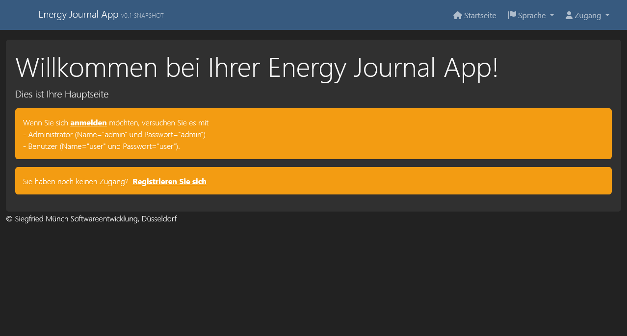 Energie Journal Software im Browser zeigt Hauptseite